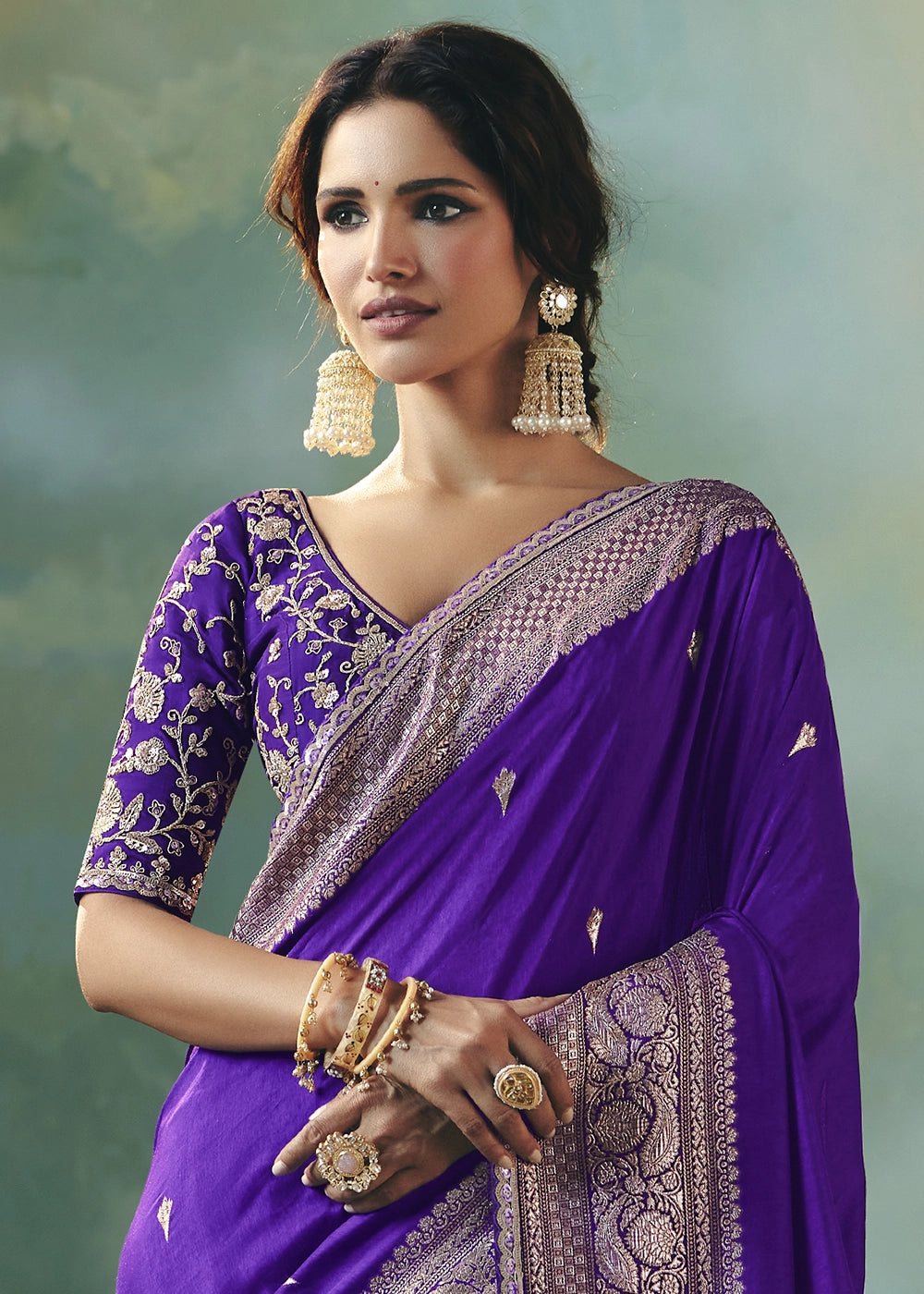Grape Purple Viscose Dola Silk Saree with Handcrafted Zari & Sequin Work