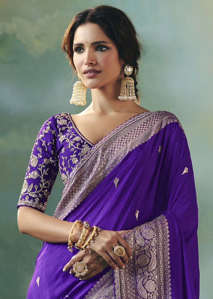 Grape Purple Viscose Dola Silk Saree with Handcrafted Zari & Sequin Work