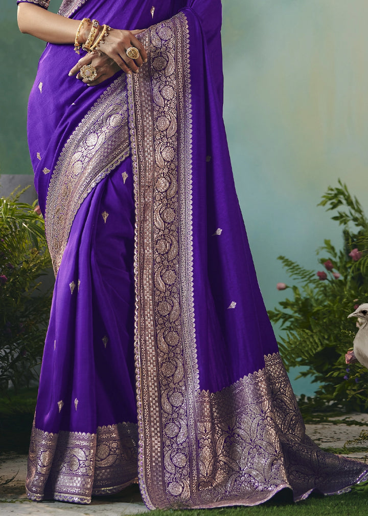 Grape Purple Viscose Dola Silk Saree with Handcrafted Zari & Sequin Work