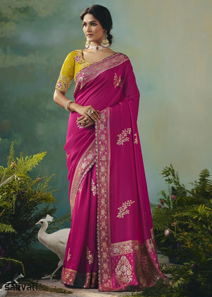 Magenta Pink Viscose Dola Silk Saree with Handcrafted Zari & Sequin Work