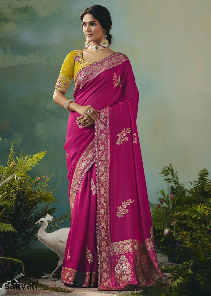 Magenta Pink Viscose Dola Silk Saree with Handcrafted Zari & Sequin Work