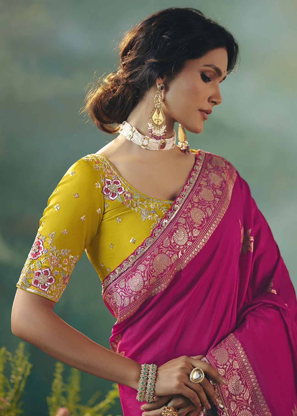 Magenta Pink Viscose Dola Silk Saree with Handcrafted Zari & Sequin Work