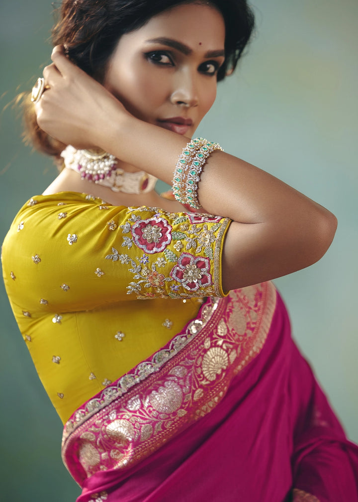 Magenta Pink Viscose Dola Silk Saree with Handcrafted Zari & Sequin Work