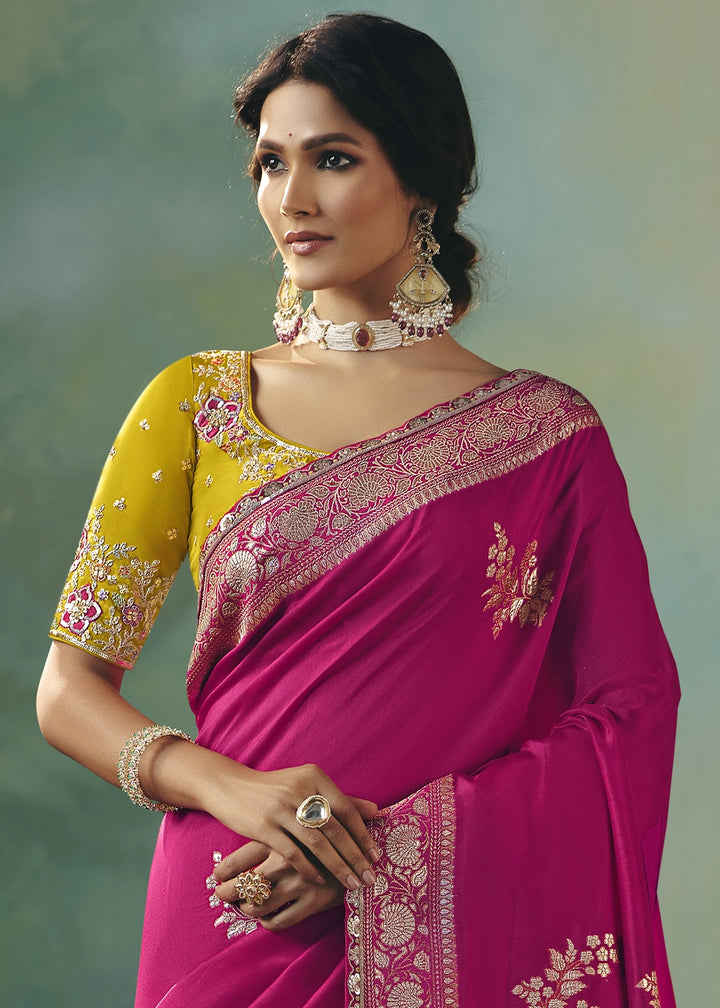 Magenta Pink Viscose Dola Silk Saree with Handcrafted Zari & Sequin Work