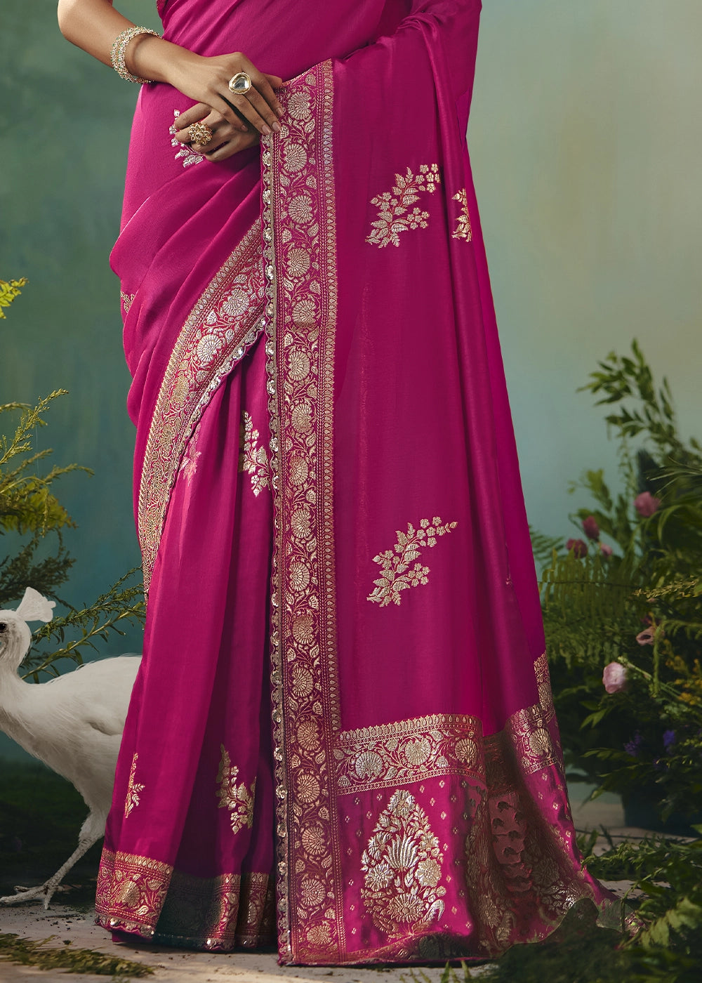 Magenta Pink Viscose Dola Silk Saree with Handcrafted Zari & Sequin Work