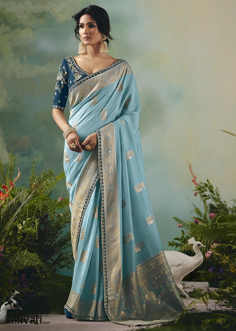 Capri Blue Viscose Dola Silk Saree with Handcrafted Zari & Sequin Work