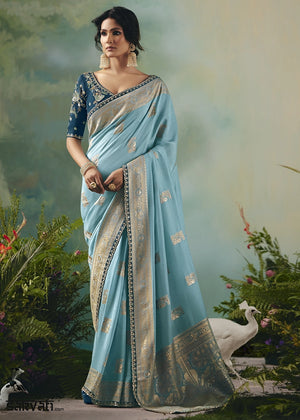 Capri Blue Viscose Dola Silk Saree with Handcrafted Zari & Sequin Work