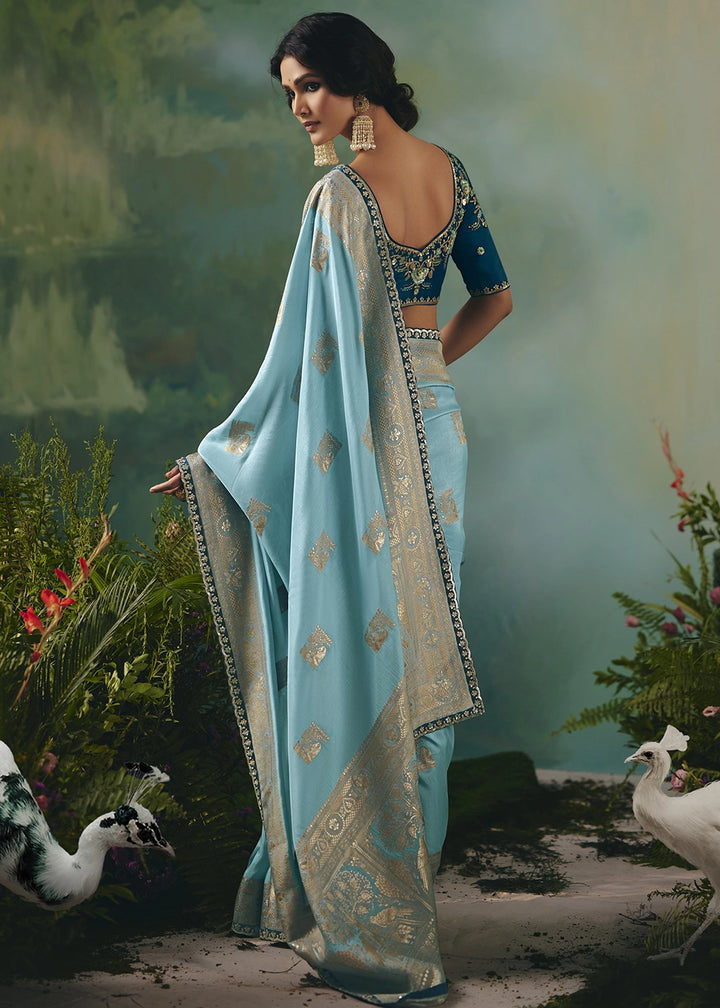 Capri Blue Viscose Dola Silk Saree with Handcrafted Zari & Sequin Work