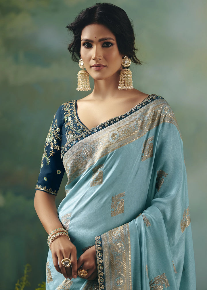 Capri Blue Viscose Dola Silk Saree with Handcrafted Zari & Sequin Work