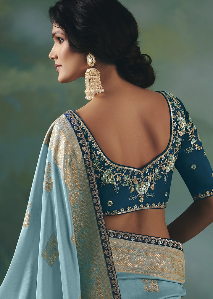 Capri Blue Viscose Dola Silk Saree with Handcrafted Zari & Sequin Work