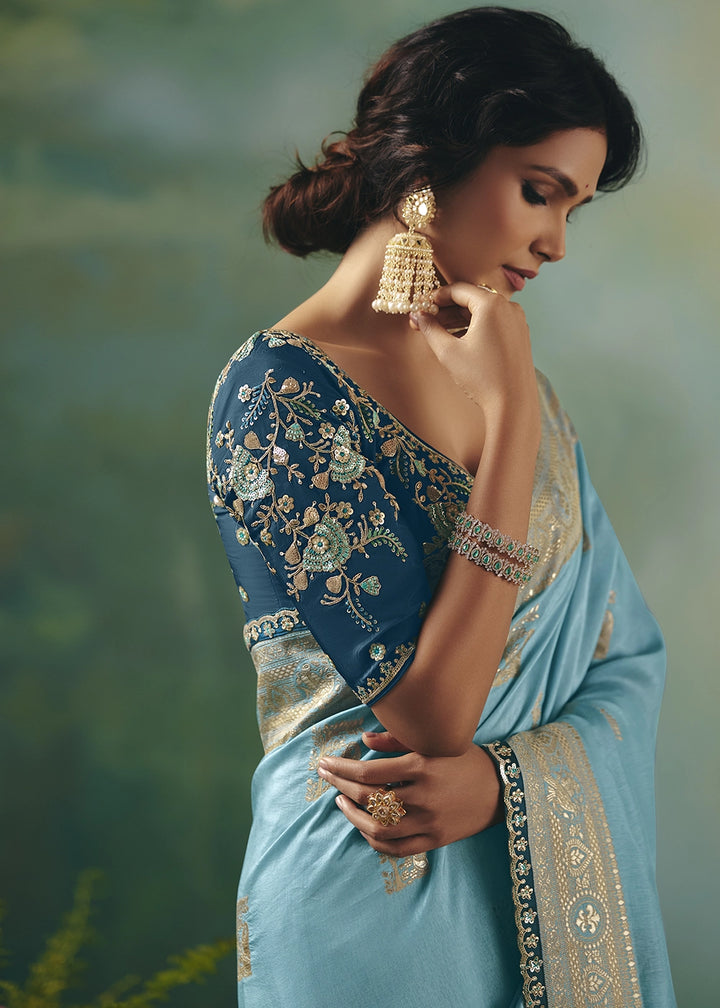 Capri Blue Viscose Dola Silk Saree with Handcrafted Zari & Sequin Work