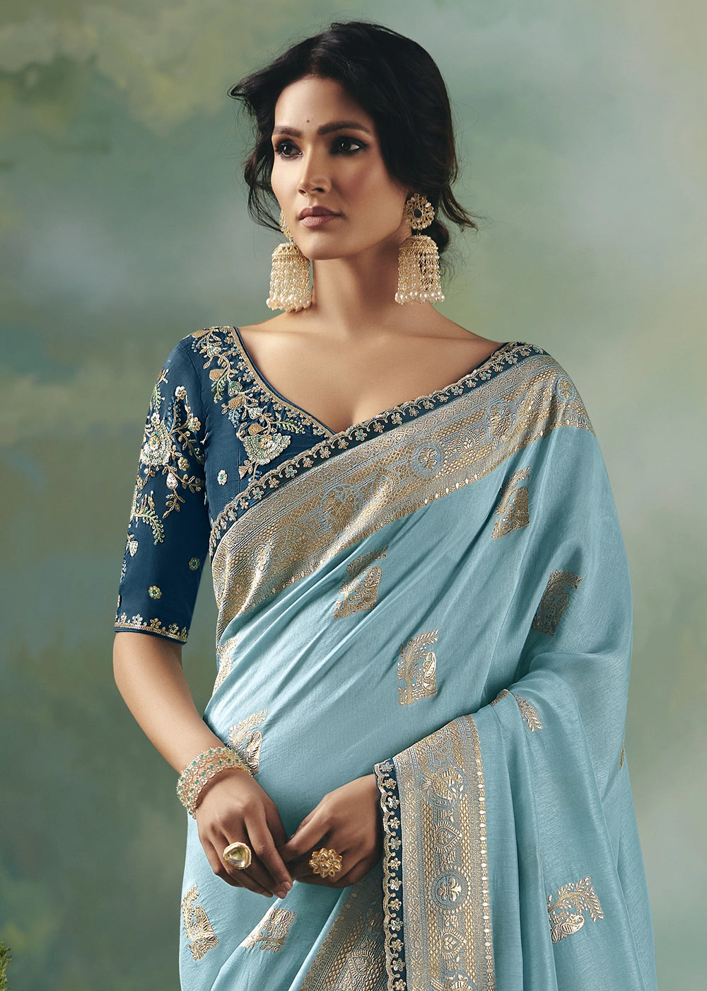 Capri Blue Viscose Dola Silk Saree with Handcrafted Zari & Sequin Work