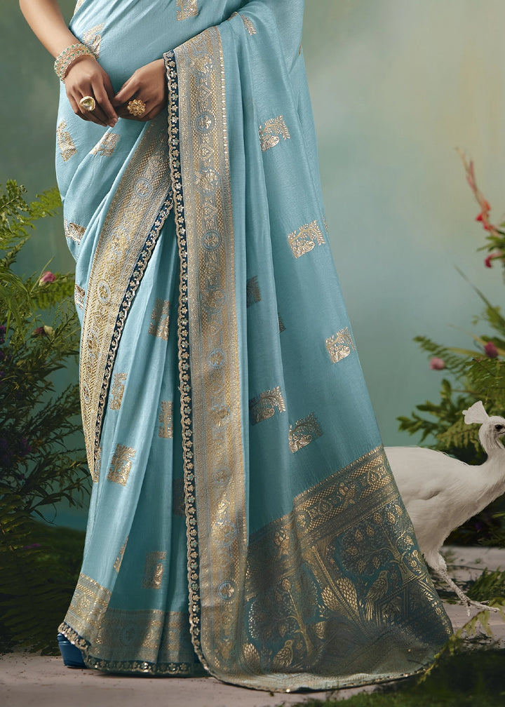 Capri Blue Viscose Dola Silk Saree with Handcrafted Zari & Sequin Work