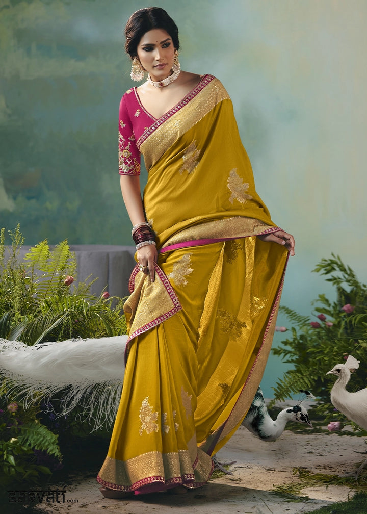 Mustard Yellow Viscose Dola Silk Saree with Handcrafted Zari & Sequin Work