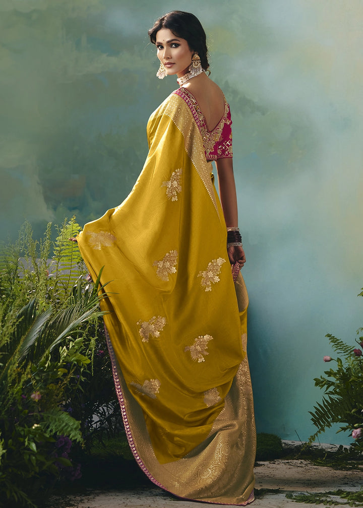 Mustard Yellow Viscose Dola Silk Saree with Handcrafted Zari & Sequin Work