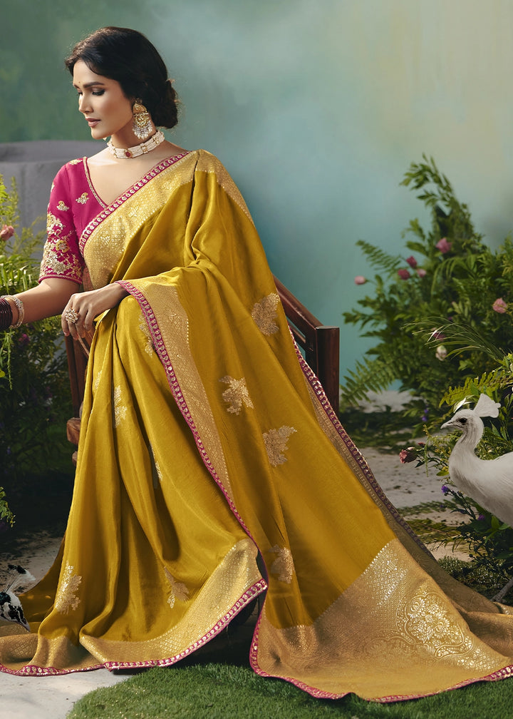 Mustard Yellow Viscose Dola Silk Saree with Handcrafted Zari & Sequin Work