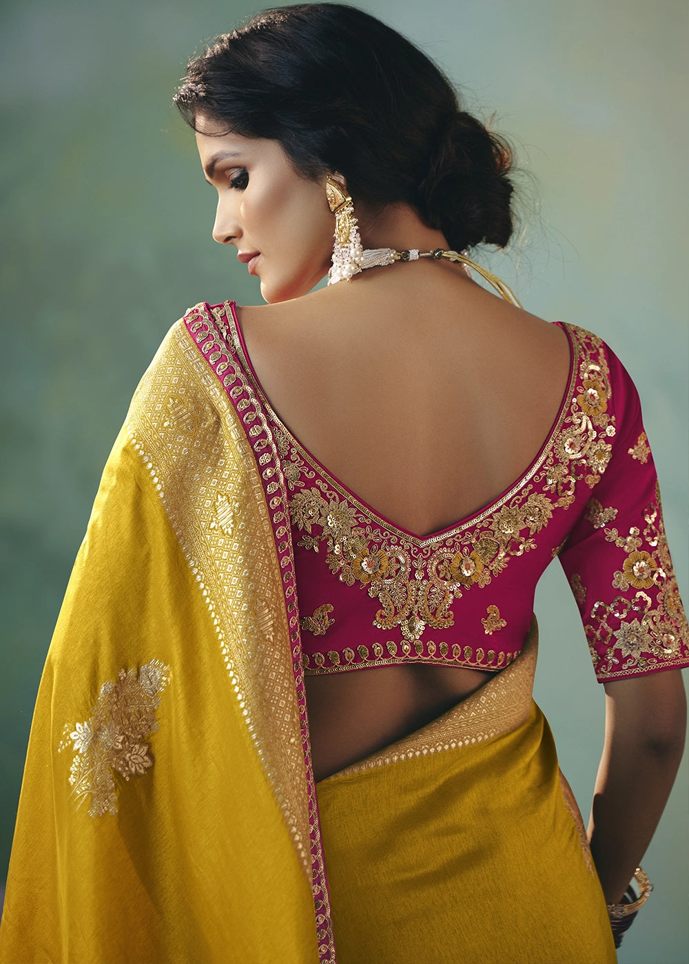 Mustard Yellow Viscose Dola Silk Saree with Handcrafted Zari & Sequin Work