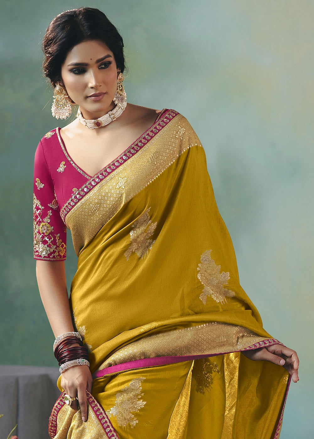 Mustard Yellow Viscose Dola Silk Saree with Handcrafted Zari & Sequin Work