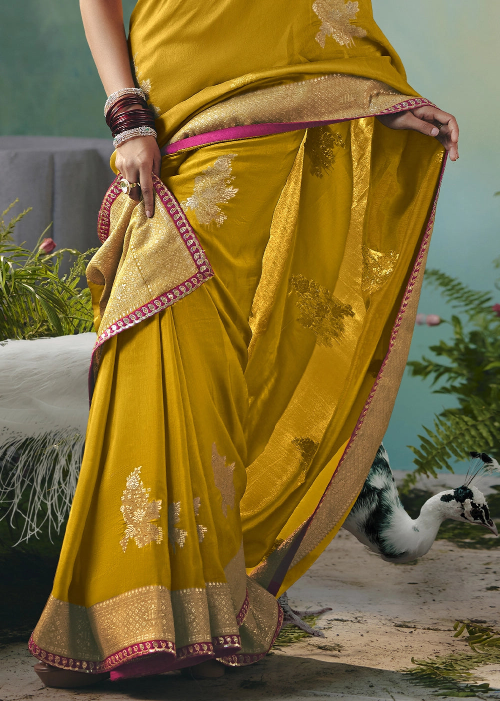 Mustard Yellow Viscose Dola Silk Saree with Handcrafted Zari & Sequin Work