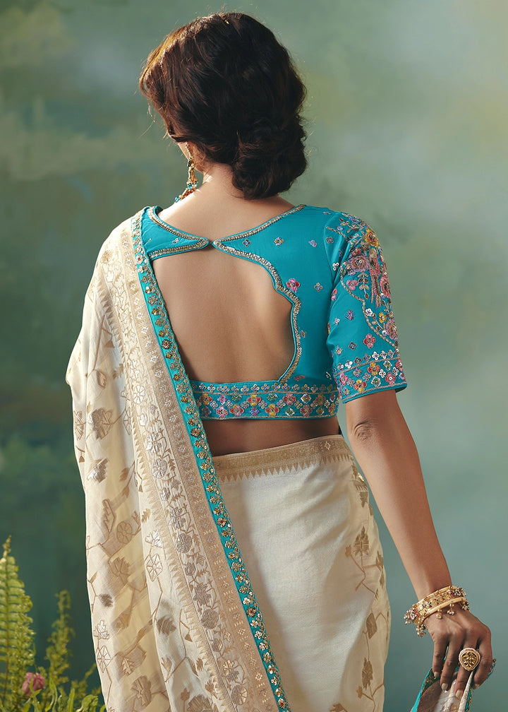 Cream White Viscose Dola Silk Saree with Handcrafted Zari & Sequin Work