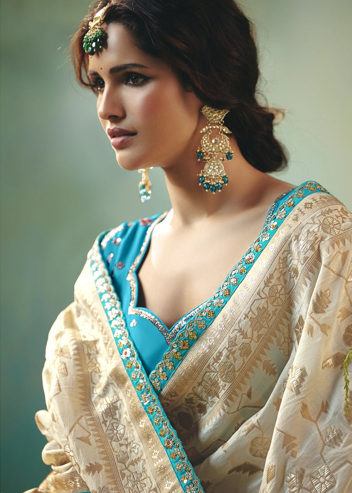 Cream White Viscose Dola Silk Saree with Handcrafted Zari & Sequin Work