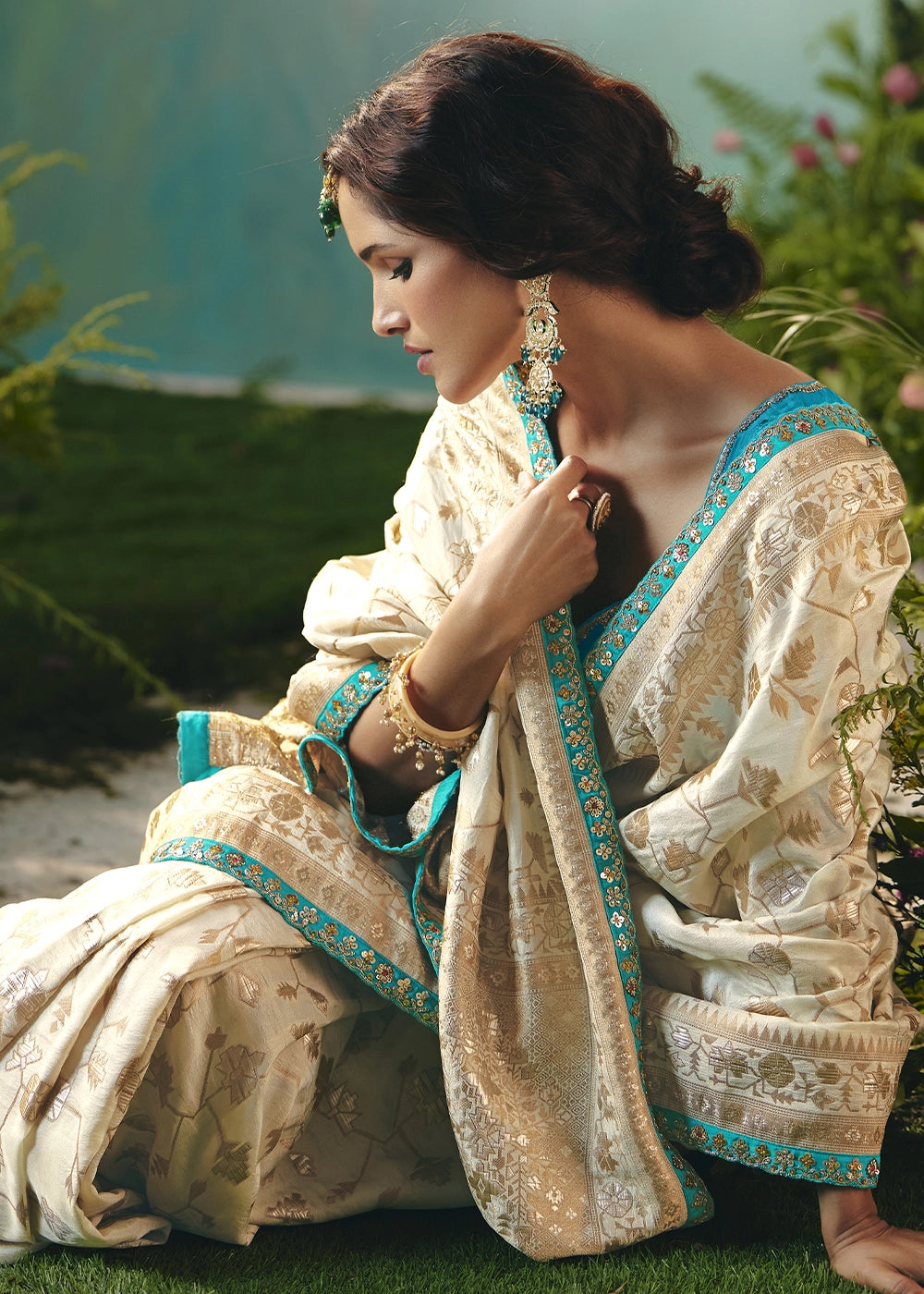 Cream White Viscose Dola Silk Saree with Handcrafted Zari & Sequin Work