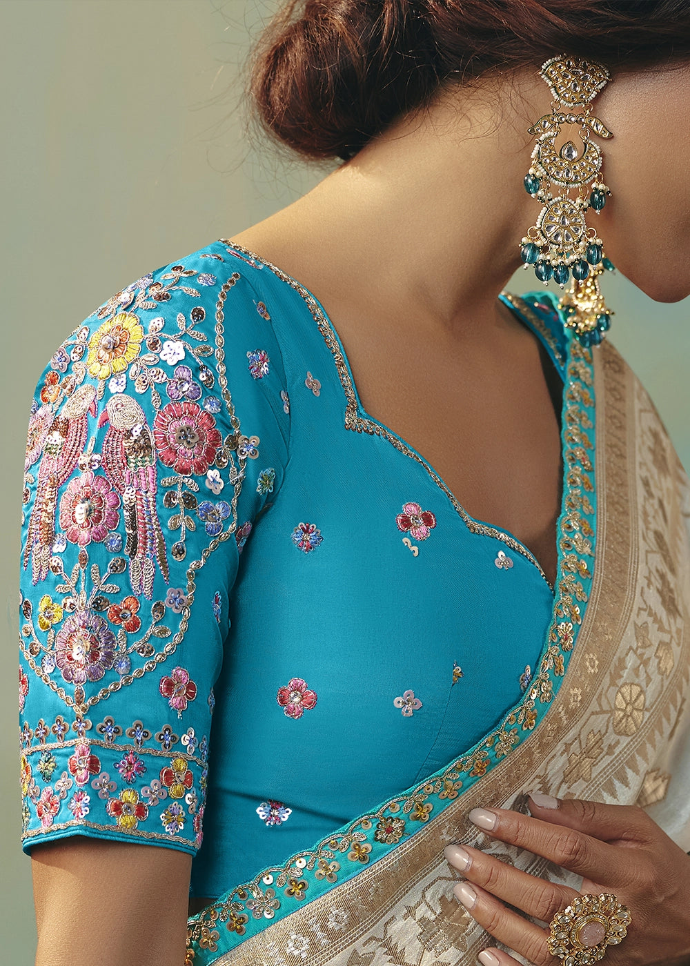 Cream White Viscose Dola Silk Saree with Handcrafted Zari & Sequin Work
