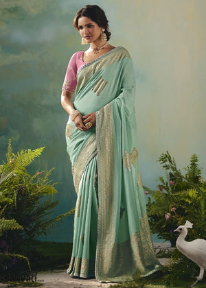 Mint Green Viscose Dola Silk Saree with Handcrafted Zari & Sequin Work
