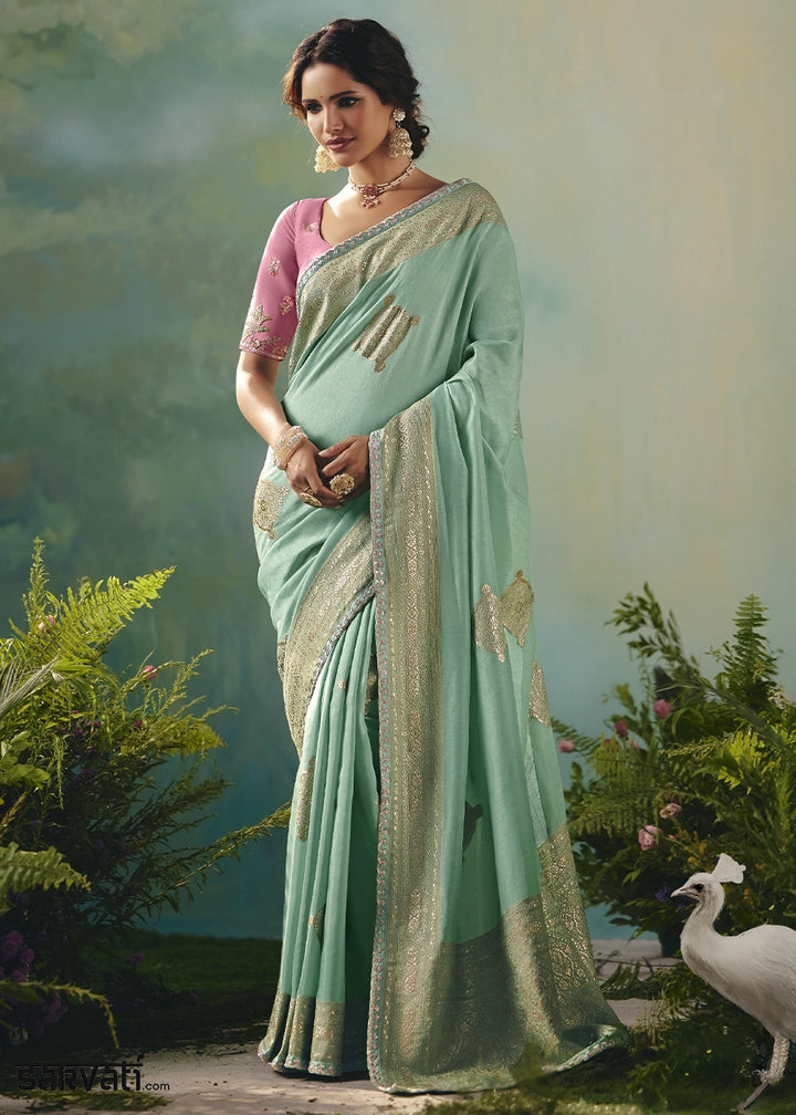 Mint Green Viscose Dola Silk Saree with Handcrafted Zari & Sequin Work
