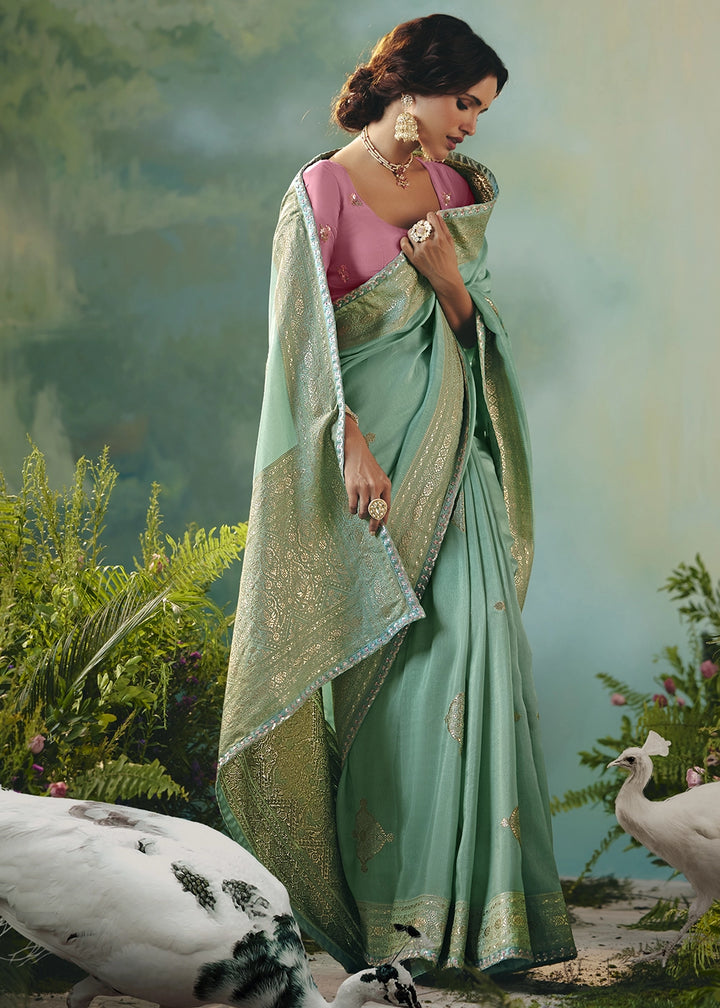Mint Green Viscose Dola Silk Saree with Handcrafted Zari & Sequin Work