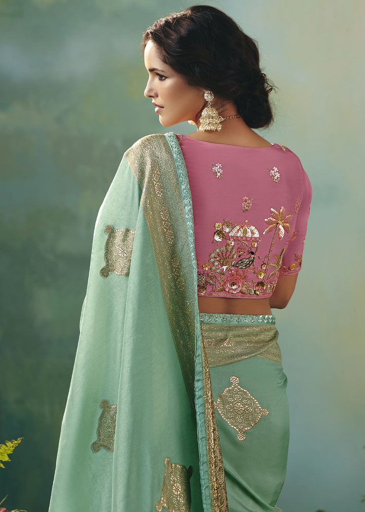 Mint Green Viscose Dola Silk Saree with Handcrafted Zari & Sequin Work