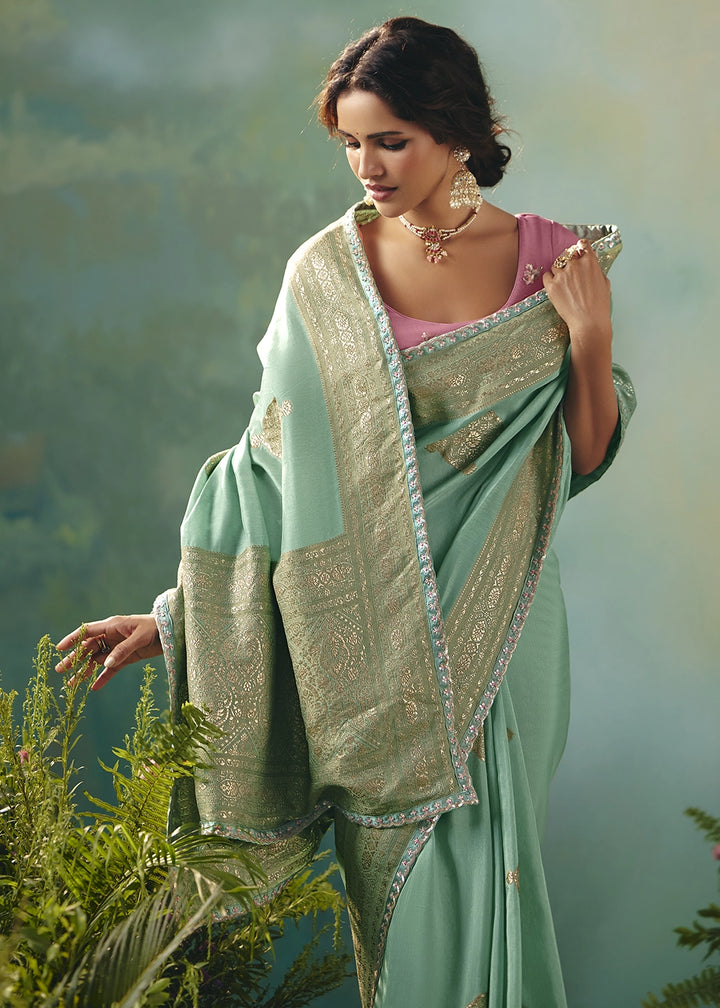 Mint Green Viscose Dola Silk Saree with Handcrafted Zari & Sequin Work