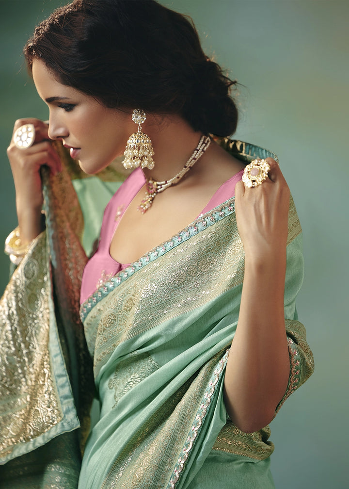 Mint Green Viscose Dola Silk Saree with Handcrafted Zari & Sequin Work