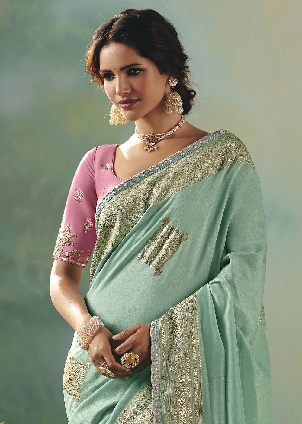 Mint Green Viscose Dola Silk Saree with Handcrafted Zari & Sequin Work