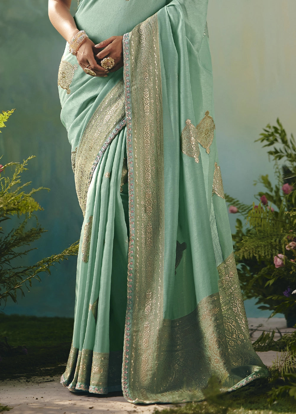 Mint Green Viscose Dola Silk Saree with Handcrafted Zari & Sequin Work