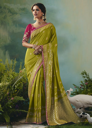 Avocado Green Viscose Dola Silk Saree with Handcrafted Zari & Sequin Work