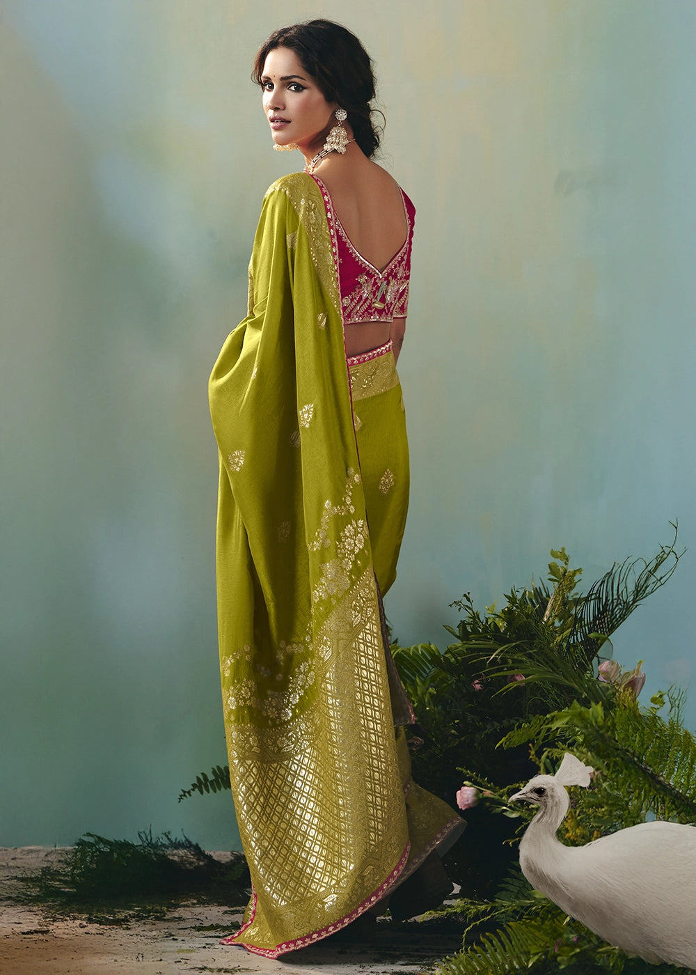 Avocado Green Viscose Dola Silk Saree with Handcrafted Zari & Sequin Work