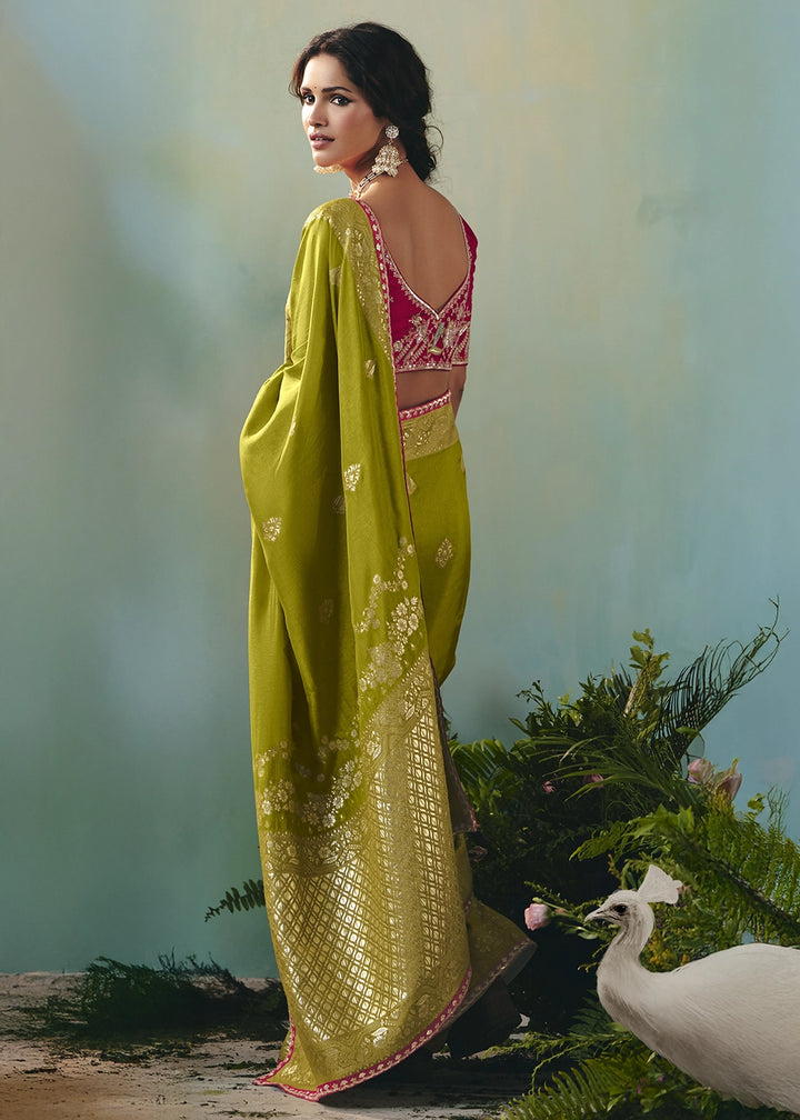 Avocado Green Viscose Dola Silk Saree with Handcrafted Zari & Sequin Work