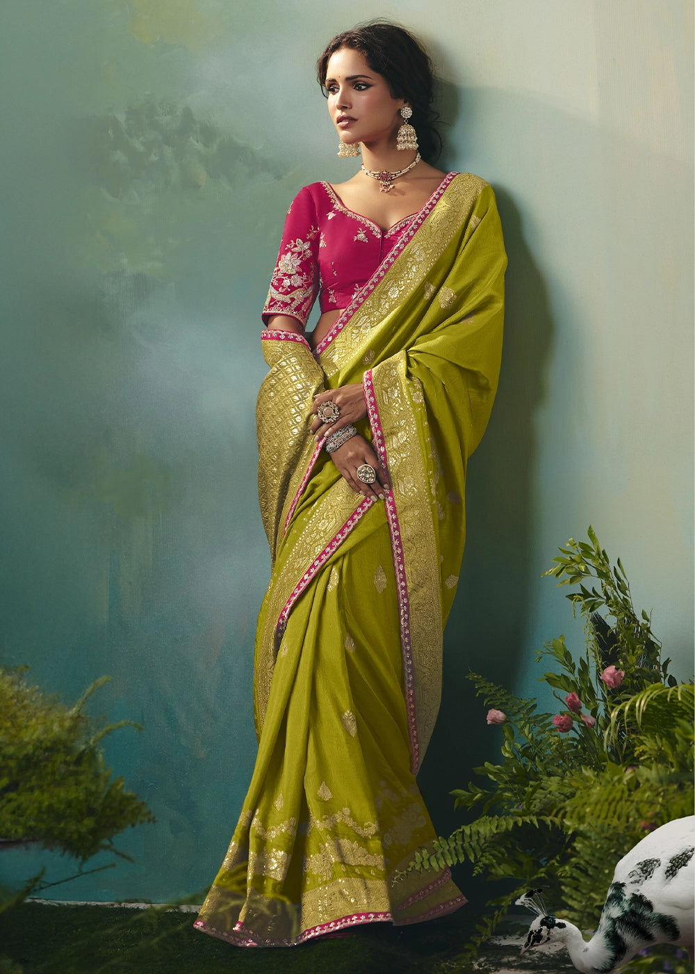 Avocado Green Viscose Dola Silk Saree with Handcrafted Zari & Sequin Work