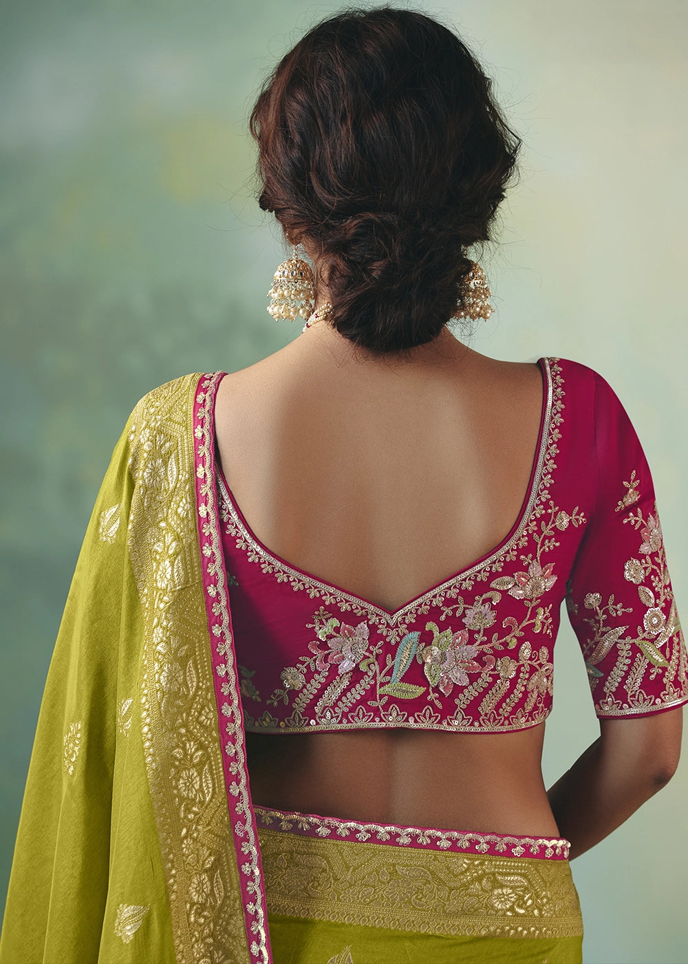 Avocado Green Viscose Dola Silk Saree with Handcrafted Zari & Sequin Work