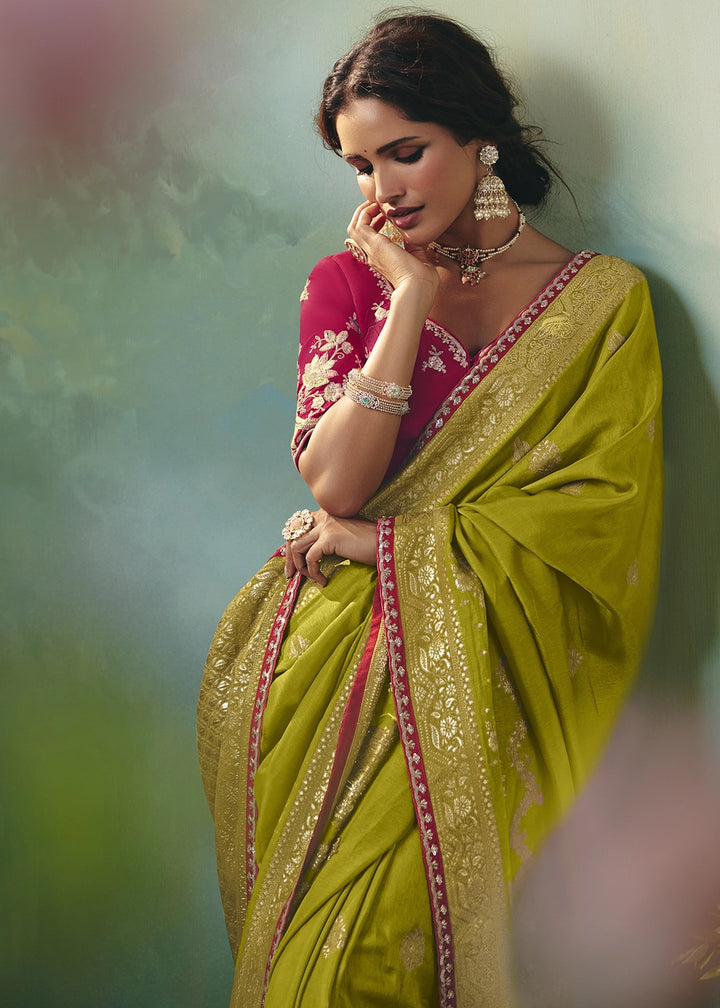 Avocado Green Viscose Dola Silk Saree with Handcrafted Zari & Sequin Work