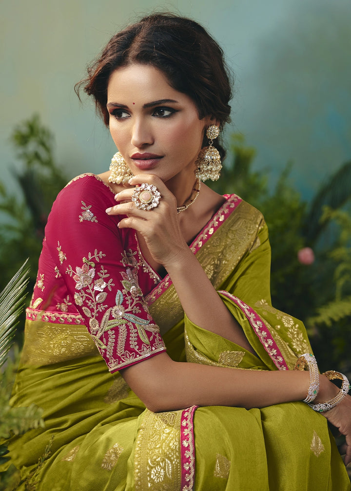 Avocado Green Viscose Dola Silk Saree with Handcrafted Zari & Sequin Work