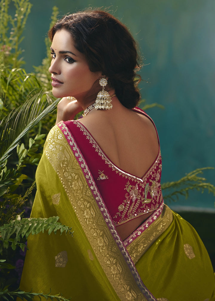 Avocado Green Viscose Dola Silk Saree with Handcrafted Zari & Sequin Work