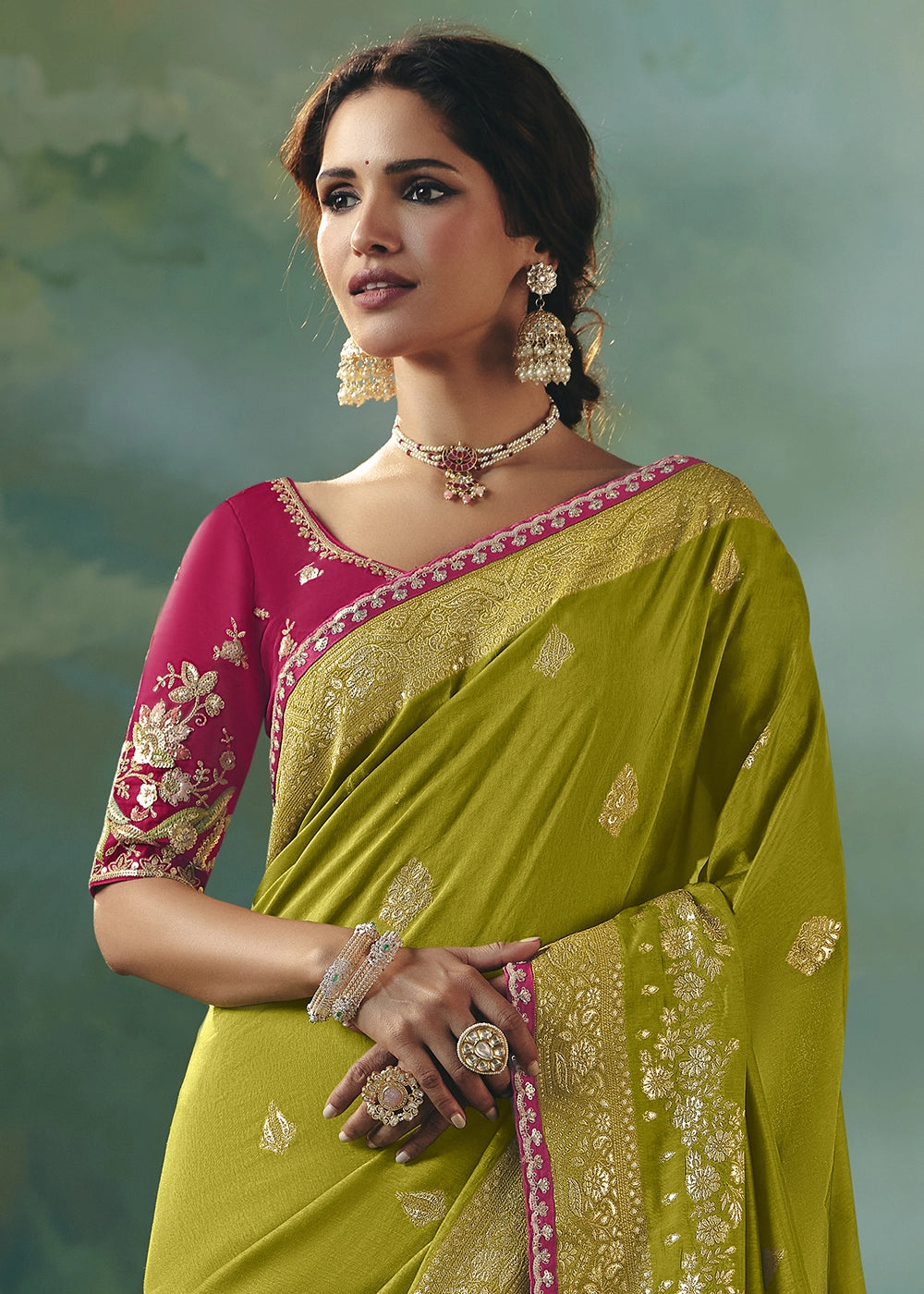 Avocado Green Viscose Dola Silk Saree with Handcrafted Zari & Sequin Work