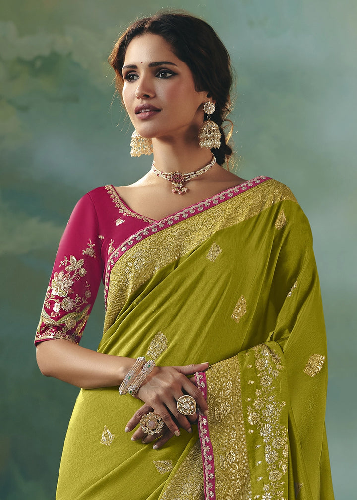 Avocado Green Viscose Dola Silk Saree with Handcrafted Zari & Sequin Work