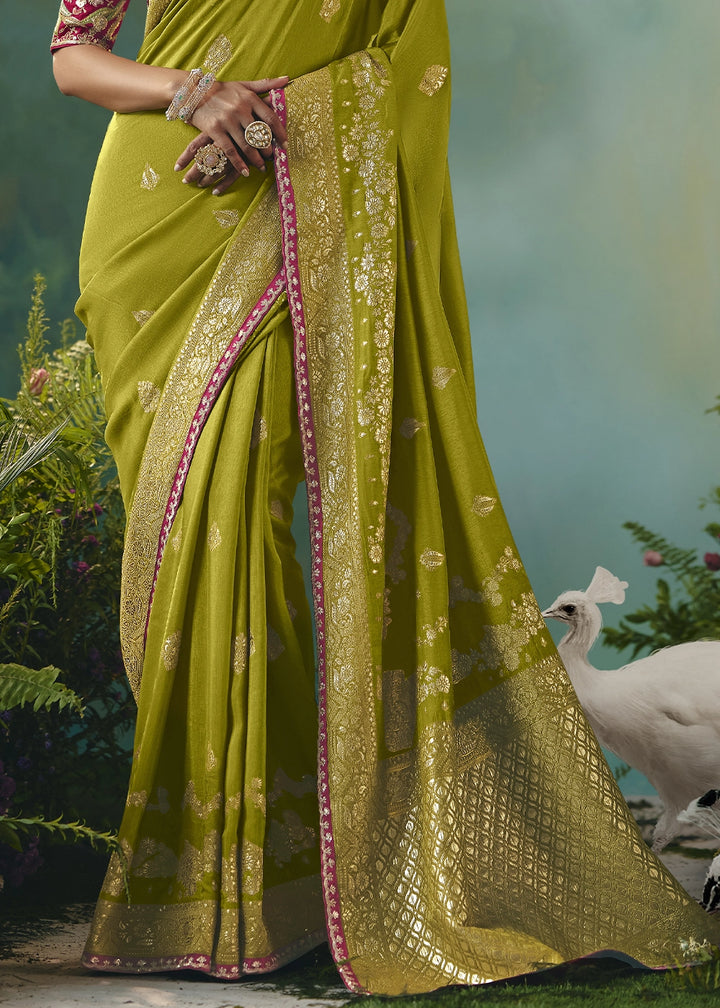 Avocado Green Viscose Dola Silk Saree with Handcrafted Zari & Sequin Work