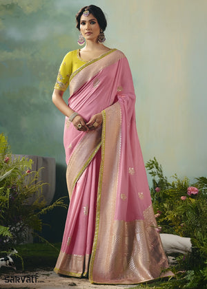 Creamy Pink Viscose Dola Silk Saree with Handcrafted Zari & Sequin Work