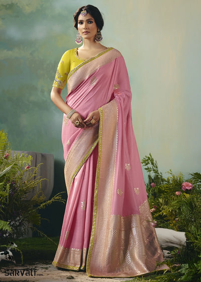 Creamy Pink Viscose Dola Silk Saree with Handcrafted Zari & Sequin Work