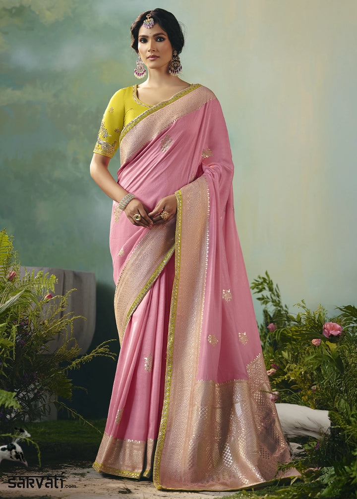 Creamy Pink Viscose Dola Silk Saree with Handcrafted Zari & Sequin Work