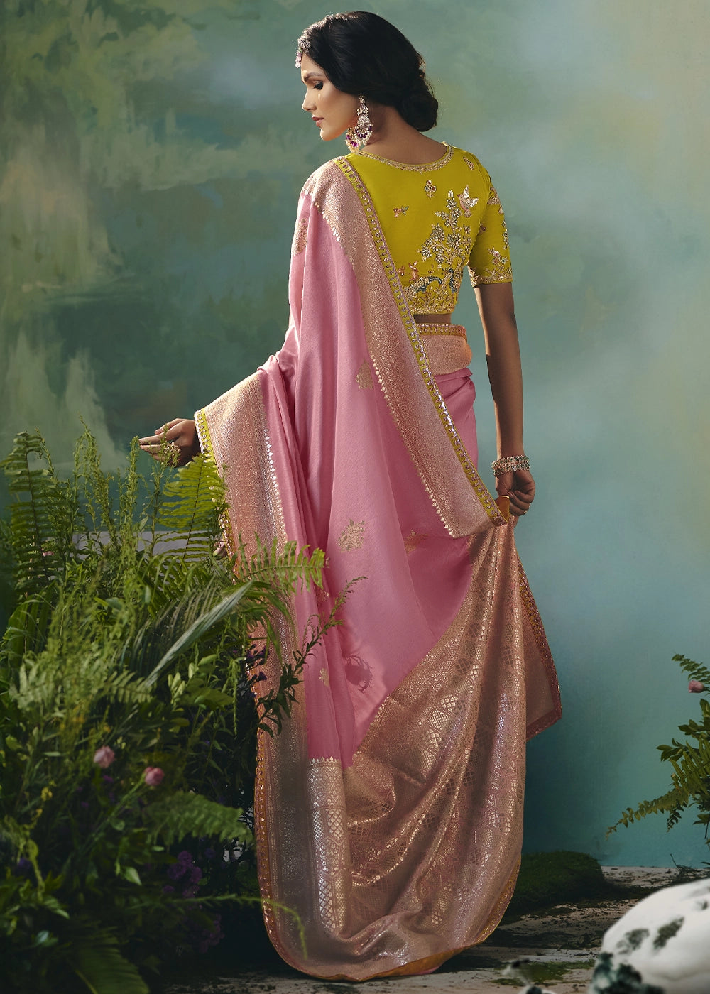 Creamy Pink Viscose Dola Silk Saree with Handcrafted Zari & Sequin Work